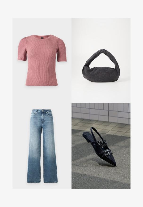 Korte mouwen, gestructureerd topje in stof met ribbels in poederroze. Ronde halslijn met subtiele pofmouwen. Getailleerde pasvorm, rekbaar materiaal.; Snijdemim jeans met wijde pijpen in een lichtblauwe wassing, voorzien van een hoge taille, vijf-pocketontwerp en subtiele vervaging op de stof. Klassieke metalen knoopsluiting.; Zwarte sandaal met platte zool en spitse neus, voorzien van meerdere gespsluitingen en een slingback, geplaatst boven een verhard oppervlak en een tegelmuur op de achtergrond.; Donkergrijze stoffen tas met een gebogen handvat, zachte textuur en ronde vorm. Geen zichtbare hardware of versieringen.