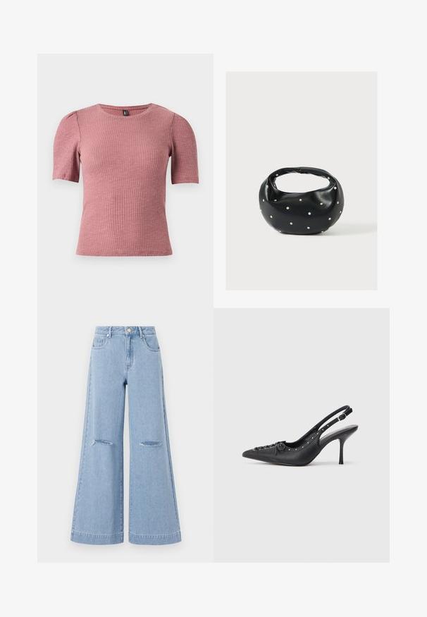 Kortærmet, tekstureret top i støvet rosa ribstrikket stof. Rund halsudskæring med diskrete pufærmer. Figursyet pasform, strækbart materiale.; Lyseblå bredbenede jeans med høj talje, der har to forlommer og to slidte knædetaljer, fremstillet af denimmateriale.; Sorte læder slingback stiletto med spids tå, side spændebånd, nitter langs kanten og dekorativ snøring foran.; Sort læderhåndtaske med en rundet form, dekoreret med sølvnitter, og et kort håndtag. Glat tekstur og lynlåslukning.