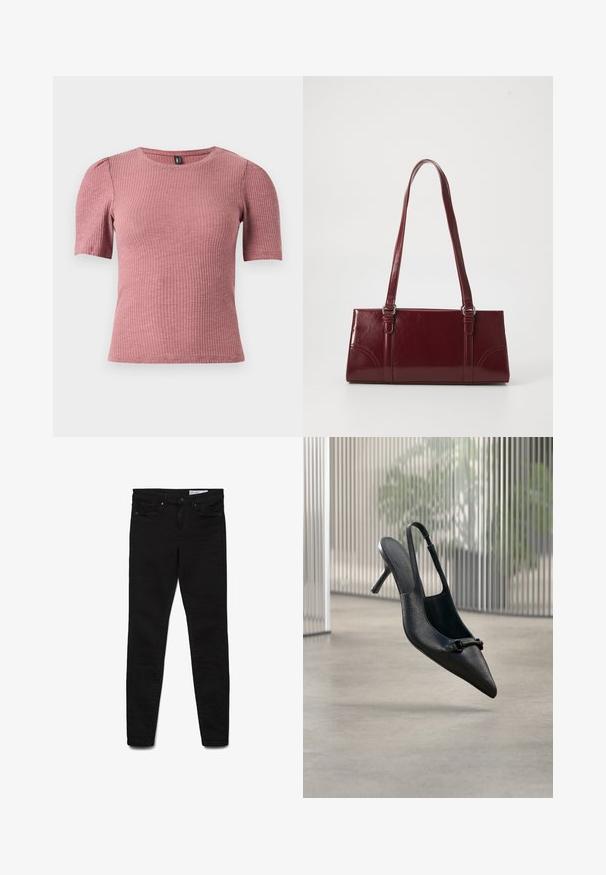 Kurzärmeliges, strukturiertes Oberteil aus rippenartigem stoff in staubigem Rosa. Rundhalsausschnitt mit dezenten Puffärmeln. Eng anliegende Form, elastisches Material.; Schwarze Skinny-Jeans aus Denim-Stoff mit klassischem Fünf-Taschen-Design, Reißverschluss und dezenten Nähdetails.; Schwarzer, strukturierter Leder-Slingback-Hochschuh mit spitzer Spitze und einer kleinen dekorativen Schnalle, der über einem glatten Boden zu schweben scheint.; Burgunderfarbene Handtasche aus glänzendem Material, rechteckige Form, mit zwei Schulterriemen und subtilen, geschwungenen Akzenten an der Vorderseite.