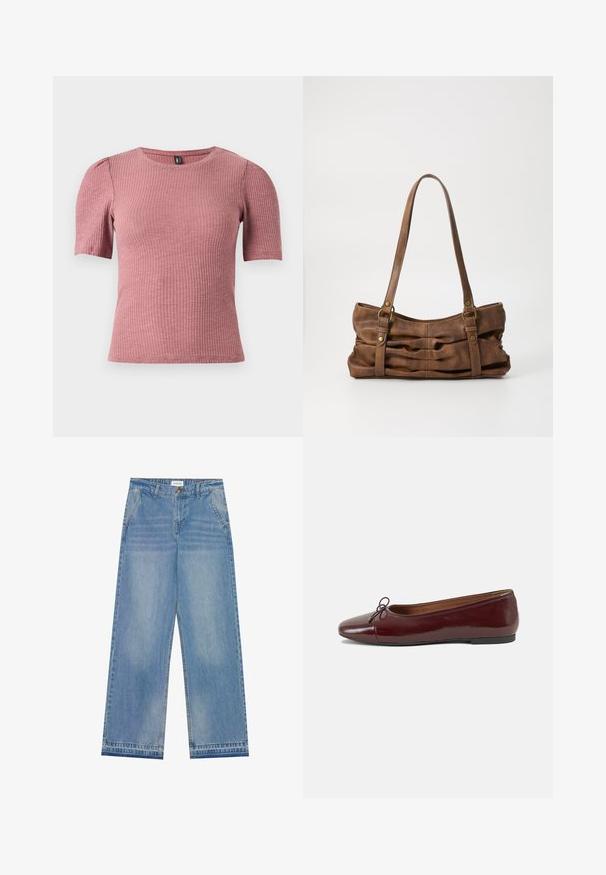 Kortærmet, tekstureret top i støvet rosa ribstrikket stof. Rund halsudskæring med diskrete pufærmer. Figursyet pasform, strækbart materiale.; Lyseblå højtaljede wide-leg jeans med knaplukning, frontlommer, bæltestropper og diskret falmet detaljer.; Bordeaux patentlæder balletflad med rund tå, lille sløjfeaccent foran og en lav, sort gummisål. Glat tekstur.; Even&Odd Håndtasker - brown
