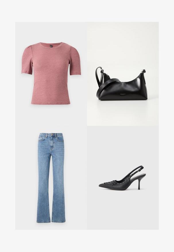 Kortærmet, tekstureret top i støvet rosa ribstrikket stof. Rund halsudskæring med diskrete pufærmer. Figursyet pasform, strækbart materiale.; Lys blå denimjeans med en flared benedesign, høj talje og minimal hardware. Har klassisk fem-lomme stil og diskret syning.; Sorte læder slingback stiletto med spids tå, side spændebånd, nitter langs kanten og dekorativ snøring foran.; Sort læderhåndtaske med en glat tekstur. Har en justerbar stropp og et enkelt, minimalistisk design med lynlås.