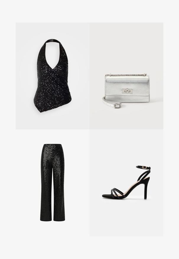 Top negro de halter con un escote en V profundo, que presenta un diseño ajustado cubierto de lentejuelas negras, creando una superficie texturizada y brillante.; Pantalones de lentejuelas negras con un diseño de pierna recta, que presentan una cinturilla suave y una textura reflectante, creando un efecto brillante.; Anna Field by Zalando Sandalias - black; Bolso de mano metálico plateado pequeño rectangular con correa de cadena, solapa frontal y cierre de pestillo giratorio rectangular.