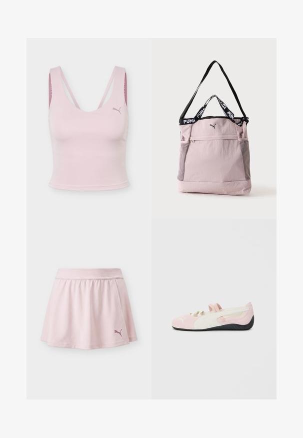 Lys rosa sports-BH med tynne stropper og Puma-logo øverst til venstre mot hvit bakgrunn.; Lyserosa sportskjørt med elastisk midjebånd og Puma-logo nederst til høyre, vist på ensfarget bakgrunn.; Rosa semskede slip-on sko med hvite detaljer, gummisåle og elastiske stropper. Har et teksturert design og en liten logo foran.; Lyserosa Puma toteveske med svart skulderstropp, korte håndtak med Puma-logo, front glidelåslomme og sidelommer i mesh.