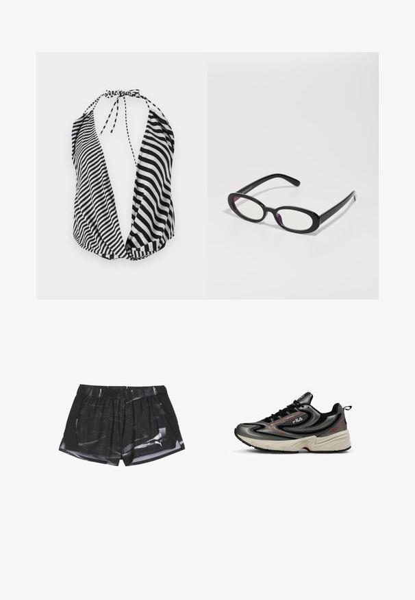 Zwart-wit gestreepte haltertop met een diepe halslijn, striksluiting bij de nek en zachte, lichte stof.; Zwarte sportshorts met een grijs abstract patroon, elastische tailleband en zijopeningen voor ventilatie, gemaakt van lichtgewicht stof.; Fila ACTIX RETRO - Sneakers laag - gunmetal; Ovale zwarte bril met heldere lenzen, met een gladde afwerking en brede pootjes. De lenzen hebben een subtiele paarse tint. Logo aan de zijkant.