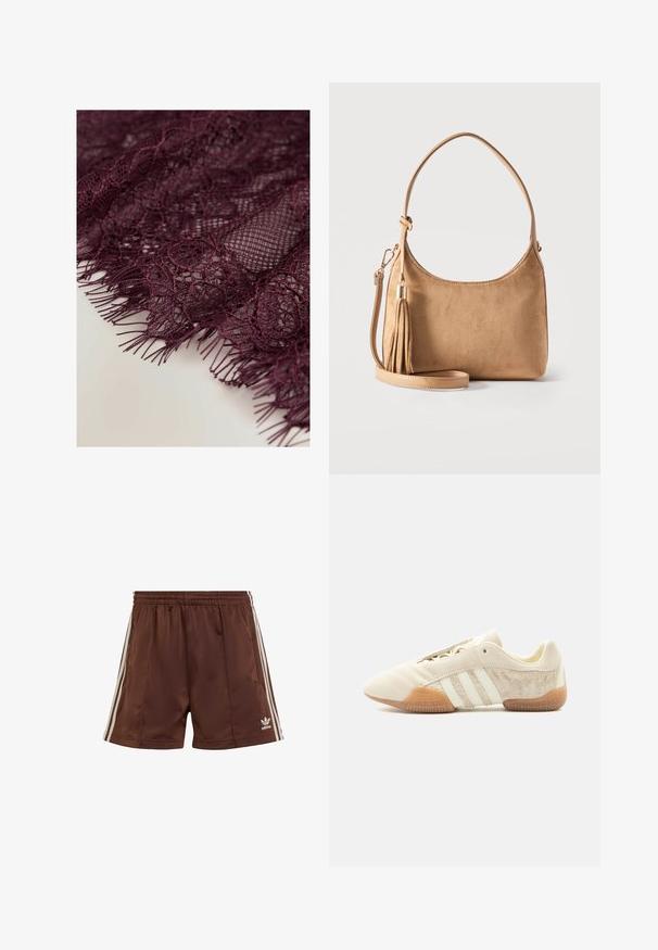 Tissu en dentelle bordeaux, présentant des motifs floraux complexes et un bord à franges, texture douce et design délicat à tissage ouvert.; Shorts de sport marron en tissu lisse avec une coupe décontractée, présentant des rayures blanches sur les côtés et un logo brodé en bas à gauche.; Baskets beige profil bas avec trois bandes blanches, panneaux latéraux en suède texturé, semelle en gomme et fermeture à lacets sur fond uni.; Sac à main en daim marron clair avec une seule bandoulière, une bandoulière amovible pour porter en travers du corps, et un détail de pompon en daim assorti.