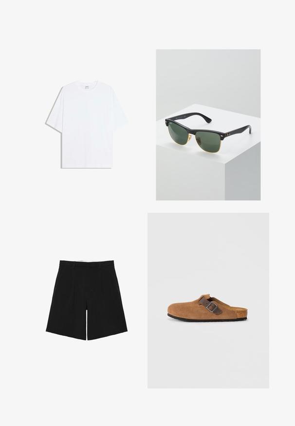 Weißes, übergroßes Baumwoll-T-Shirt mit rundem Ausschnitt und kurzen Ärmeln; glatte Textur, keine sichtbaren Muster oder Akzente.; Schwarze, maßgeschneiderte Shorts mit Gürtelschlaufen, vorderen Falten und Seitentaschen, flach auf einem weißen Hintergrund liegend.; Braune Wildlederclogs mit einem verstellbaren braunen Lederriemen und einer silbernen Schnalle, ausgestattet mit einer geformten Korkfußbett und einer strukturierten Gummisohle.; Ray-Ban Sonnenbrillen mit grünen Gläsern, schwarzen Kunststoffrahmen und goldenen Akzenten an den Rändern. Quadratische Form mit matter Oberfläche.