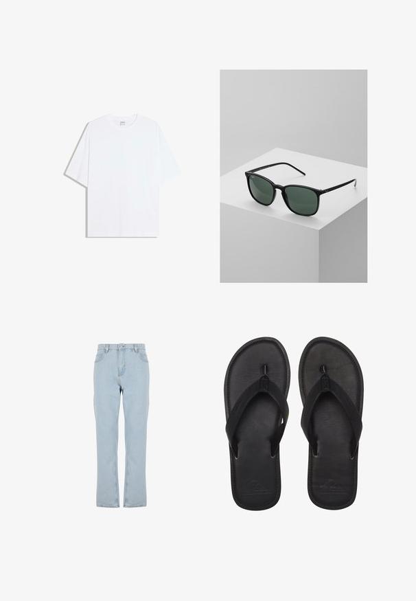Wit oversized katoenen T-shirt met een ronde hals en korte mouwen; gladde textuur, zonder zichtbare patronen of accenten.; Lichtblauwe high-waisted denim jeans met rechte pijpen, voor met knoop- en ritsluiting en riemlussen.; Zwarte flip-flops gemaakt van glad materiaal, met een tanga-stijl band, een gestructureerde voetbed en een geperst logo op de zool.; Zwarte rechthoekige zonnebril met donkergroene lenzen, voorzien van een lichtgewicht plastic frame en zilveren Accenten op de pijlen.