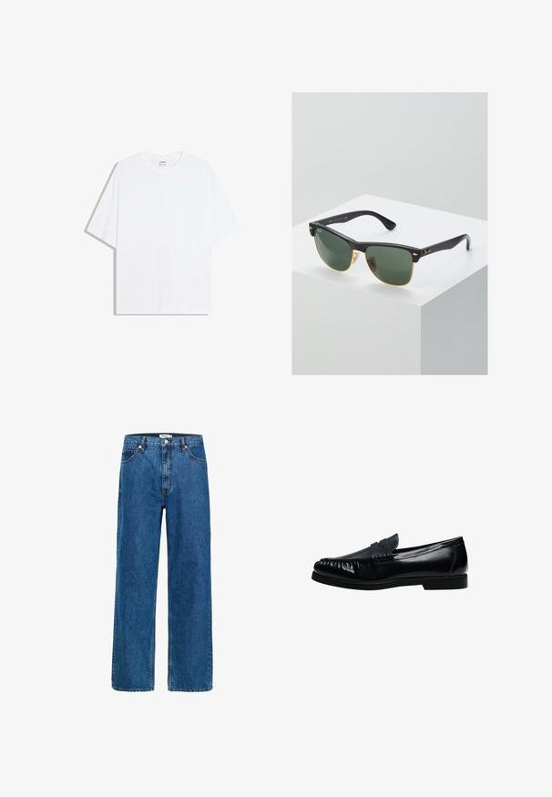 Weißes, übergroßes Baumwoll-T-Shirt mit rundem Ausschnitt und kurzen Ärmeln; glatte Textur, keine sichtbaren Muster oder Akzente.; Weite Jeans aus dunkelblauem Denim. Verfügt über fünf Taschen, einen Knopfverschluss und dezente Nähte. Glatte Textur mit minimaler Ausbleichung.; Schwarzer Herren-Pennyloafer aus Leder mit genähter Mokassinnaht und niedrigem Absatz, seitlich auf weißem Hintergrund dargestellt.; Ray-Ban Sonnenbrillen mit grünen Gläsern, schwarzen Kunststoffrahmen und goldenen Akzenten an den Rändern. Quadratische Form mit matter Oberfläche.