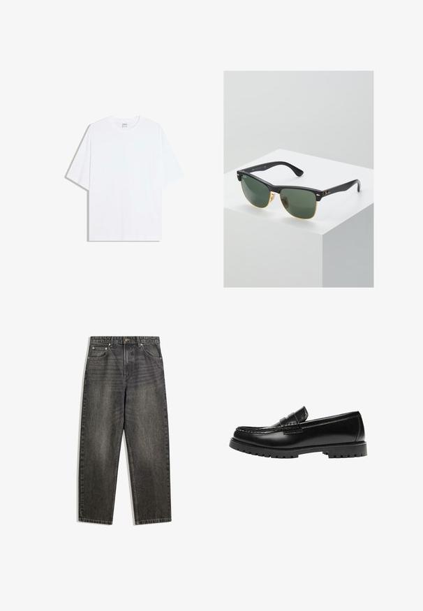 T-shirt oversize en coton blanc avec un col rond et des manches courtes ; texture lisse, sans motifs ni accents visibles.; Jean en denim noir avec une coupe décontractée, comportant cinq poches, une fermeture à bouton et un léger délavage sur la texture du tissu.; Mocassin en cuir noir avec une semelle en caoutchouc épaisse et un détail classique de bride à monnaie, vu de côté extérieur.; Lunettes de soleil Ray-Ban avec des verres verts, monture en plastique noir et accents dorés sur les bords. Forme carrée avec une finition mate.