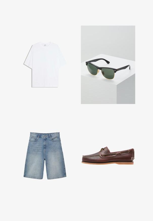 Hvid oversized bomulds t-shirt med rund hals og korte ærmer; glat tekstur, uden synlige mønstre eller accenter.; Lyseblå denimshorts med en lige pasform har fem lommer, en lynlås, og en let falmet tekstur.; Brun læder bådsko med hvide sømme, snøre detaljer og lysbrun gummisål, vist fra siden på hvid baggrund.; Ray-Ban solbriller med grønne linser, sorte plastikstel og gyldne detaljer ved kanterne. Firkantet form med mat finish.