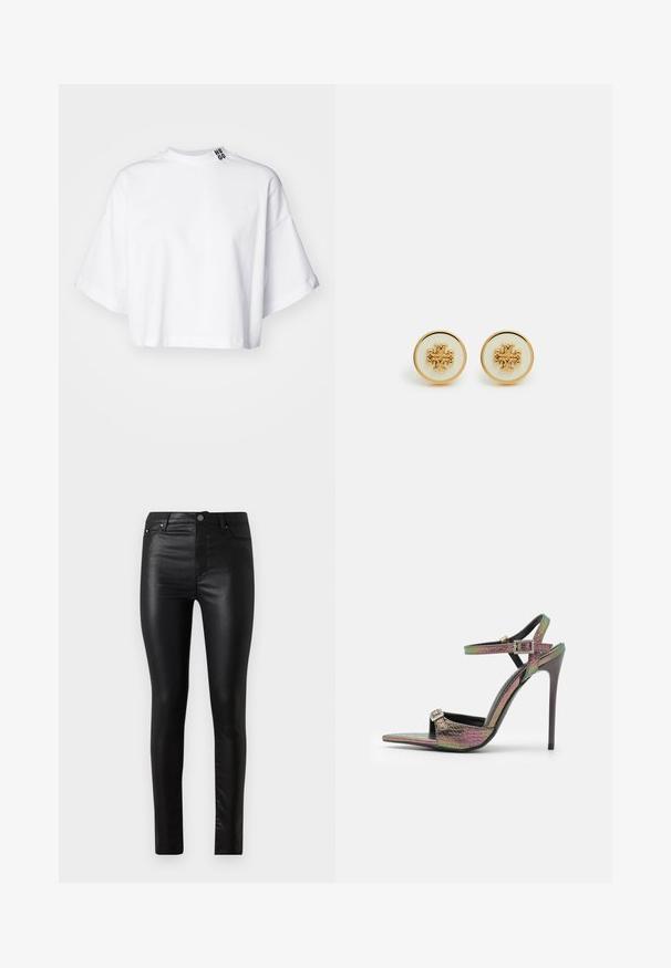 Camiseta blanca recortada de algodón, con mangas cortas anchas y un cuello alto. La etiqueta "HUGO" está estampada en negro en el cuello.; Jeans skinny negros hechos de material brillante, con cintura alta, bolsillos traseros y cierre frontal con botón y cremallera.; Sandal de tacón alto con un estampado de serpiente texturizado y multicolor. Presenta correas de tobillo ajustables y un diseño de punta afilada.; Tory Burch KIRA CIRCLE STUD EARRING - Pendientes - gold-coloured/new ivory