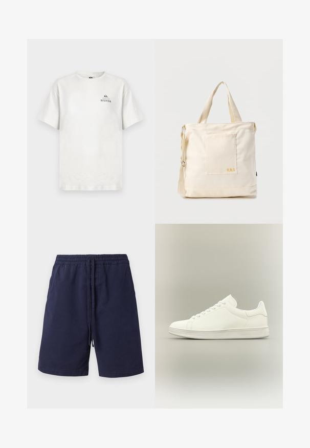 Hvid bomulds t-shirt med rund hals og korte ærmer. Inkluderer et lille blåt logo med teksten "QUIKSILVER" på brystet.; Marineblå shorts lavet af bomuld, med elastisk talje og snor, sidelommer og lige bendesign. Ingen mønstre.; Minimalistisk hvid lavtop sneaker med snørebånd, glat læderoverdel og tekstureret gummisål vist på neutral baggrund.; Kremfarvet lærredstote-taske med frontlomme, to håndtag, justerbar skulderrem og lille gul "O.N.S" tekst i nederste højre hjørne af lommen.