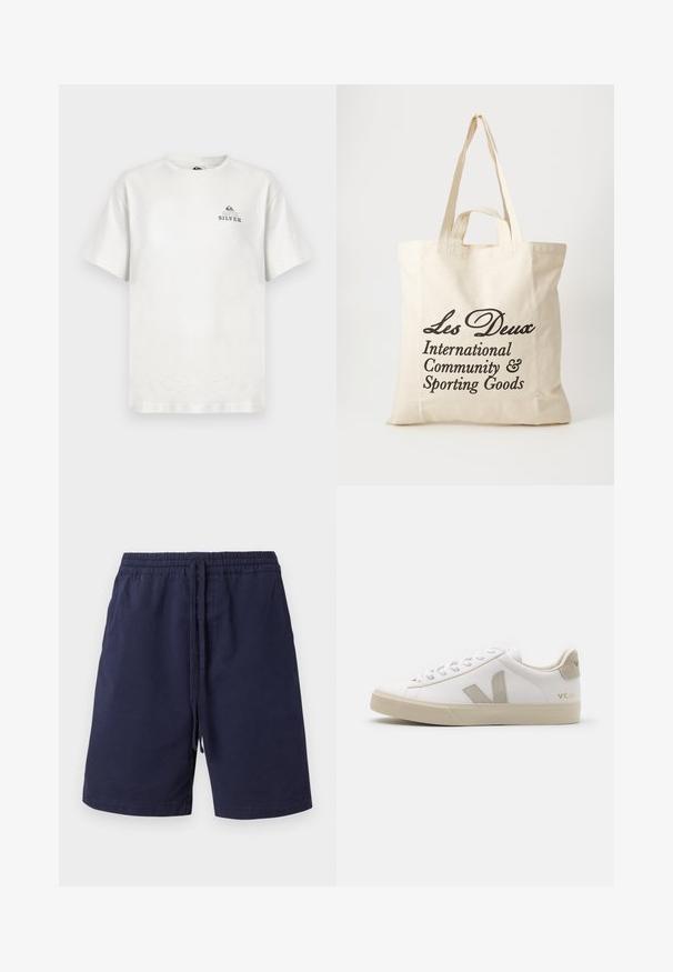 Hvid bomulds t-shirt med rund hals og korte ærmer. Inkluderer et lille blåt logo med teksten "QUIKSILVER" på brystet.; Marineblå shorts lavet af bomuld, med elastisk talje og snor, sidelommer og lige bendesign. Ingen mønstre.; Hvide lædersneakers med beige detaljer, flad gummisål, rund tå og kontrasterende logo på siden og bagsiden. Snørebåndsdesign.; Beige bomulds tote bag med to kraftige håndtag. Har sort trykt tekst: "Les Deux International Community & Sporting Goods."