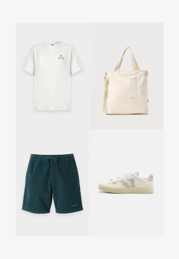 Camiseta de algodón blanca con cuello redondo y mangas cortas. Incluye un pequeño logo azul con el texto "QUIKSILVER" en el pecho.; Bañador de pana en color verde azulado oscuro con cintura elástica y cordón. Presenta un logo en la parte inferior de la pierna derecha. Textura suave, diseño hasta la rodilla.; Zapatillas de cuero blancas con correas de Velcro, acentos beige, punta redondeada, suela de goma texturizada y logo en relieve. Diseño minimalista.; Bolsa tote de lona color crema con bolsillo delantero, dos asas, correa de hombro ajustable y pequeño texto amarillo "O.N.S" en la parte inferior derecha del bolsillo.