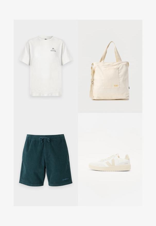 Hvid bomulds t-shirt med rund hals og korte ærmer. Inkluderer et lille blåt logo med teksten "QUIKSILVER" på brystet.; Mørkegrønne kordfløjsbadetights med elastisk talje og snøre. Har logo på den nederste højre ben. Glat tekstur, knælangt design.; Hvide sneakers med beige accenter, der har en tekstureret overdel, rund tå og en tykk gummisål. Designet inkluderer det ikoniske V-logo og branding.; Kremfarvet lærredstote-taske med frontlomme, to håndtag, justerbar skulderrem og lille gul "O.N.S" tekst i nederste højre hjørne af lommen.