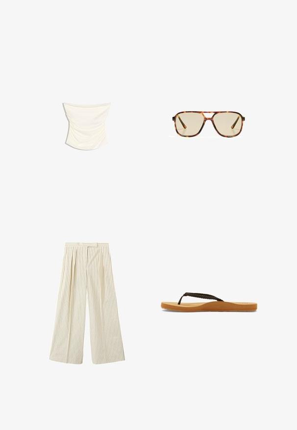 Haut tube drapé en satin couleur crème avec un design froncé et un ourlet légèrement incurvé sur fond blanc.; Pantalon taille haute à jambes larges avec des rayures verticales vertes sur tissu crème, présentant des plis à l'avant et une ceinture avec passants.; Tongs à bride tressée marron avec une semelle souple et un pied en tan, dotées d'un design arrondi et d'une semelle en caoutchouc texturé pour une meilleure adhérence.; Lunettes de soleil écaille de tortue marron avec de grandes lentilles rectangulaires et une fine monture. Présente un pont pour plus de style et de confort.