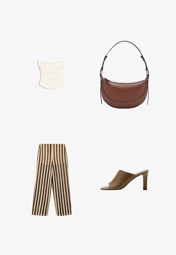 Haut tube drapé en satin couleur crème avec un design froncé et un ourlet légèrement incurvé sur fond blanc.; Pantalon à jambes larges avec des rayures verticales dans différentes nuances de marron et beige, en tissu texturé.; Mule à talon haut marron à bout ouvert avec une large bride supérieure et un talon fin sur fond blanc.; Sac à bandoulière en cuir marron en forme de croissant avec une sangle réglable et des détails en métal doré sur fond blanc.