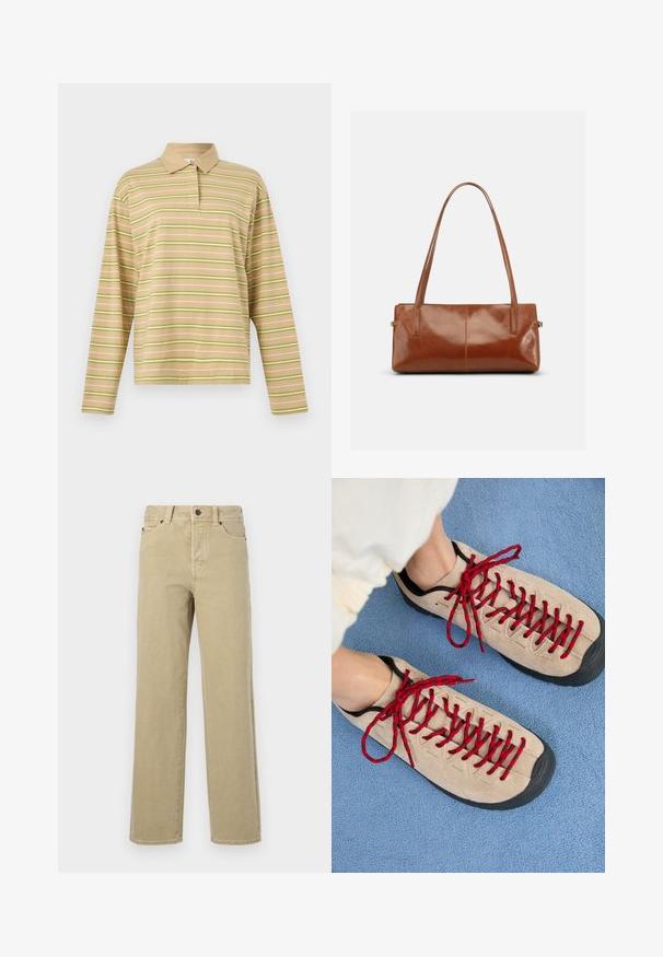 Polo à manches longues beige avec des rayures horizontales vert clair et blanches et un col beige uni.; Jean beige à jambes larges en coton doux avec un design classique à cinq poches, braguette à boutons et coutures visibles le long des coutures et des ourlets.; Des chaussures beiges avec des lacets rouges, posées sur une surface bleue texturée, révèlent partiellement la cheville d'une personne. Les chaussures ont un design sportif.; Sac à main rectangulaire en cuir marron avec deux longues bandoulières, finition lisse et brillante, au design minimaliste sur un fond uni.