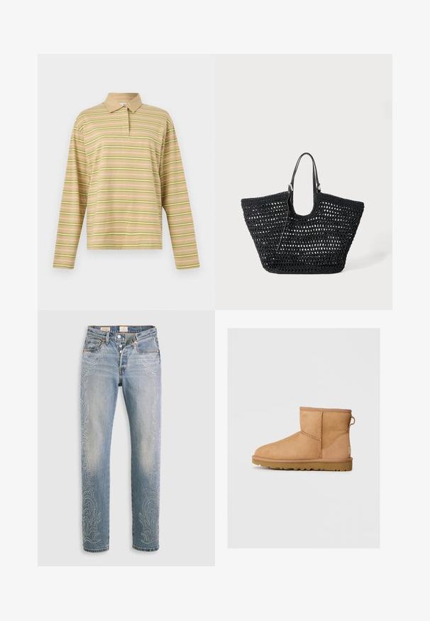 Beige langærmet polo skjorte med lysegrønne og hvide horisontale striber og en ensfarvet beige krave.; Lysblå denimjeans med høj talje, lige ben og dekorative perlemønstre langs de ydre sømme. Fem-lomme-design og knaplukning.; Brune suede ankelstøvle med rund tå, stikninger, en pull tab bagpå og en tekstureret gummisål. Designet til komfort og varme.; Sort vævet tote-taske med åbent vævemønster og to slanke håndtag, sat mod en hvid baggrund.