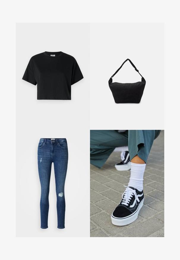 T-shirt noire courte avec manches courtes, col rond, fabriquée en coton lisse, avec un design minimaliste et des détails de couture subtils.; Jeans skinny en denim bleu foncé avec des patchs déchirés au niveau des genoux. Comprend une fermeture à bouton et à zip, ainsi que cinq poches.; Baskets en suède noir avec des accents et des lacets blancs, présentant une épaisse semelle blanche et des coutures contrastantes, associées à une chaussette blanche.; Sac à épaule en tissu noir avec une surface texturée douce, de forme arrondie et une seule sangle. Design minimaliste sans accessoires ni quincaillerie visibles.