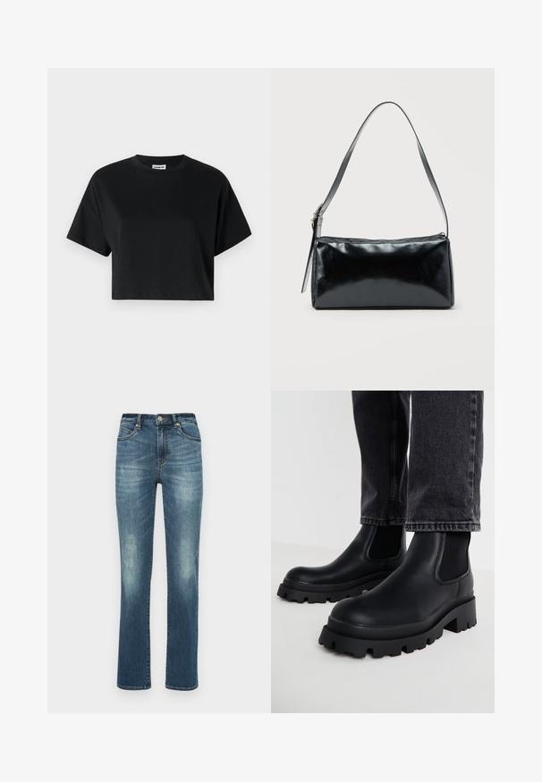 Schwarzes cropped T-Shirt mit kurzen Ärmeln, Rundhalsausschnitt, aus glattem Baumwollstoff, mit minimalistischem Design und dezenten Steppdetails.; Blaue Denim-Jeans mit geradem Bein, die über leichte Ausbleichungen, ein klassisches Fünf-Taschen-Layout und sichtbare Nähte verfügen.; Schwarze Knöchelstiefel mit einer massiven Sohle, aus glattem Leder, mit elastischen Seitenpaneelen und einen Blockabsatz, kombiniert mit dunklen Jeanshosen.; Schwarze rechteckige Schultertasche mit einem verstellbaren Riemen und einem oberen Reißverschluss vor einfachem Hintergrund.