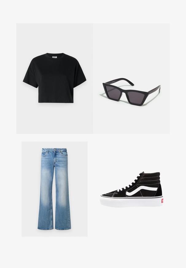 T-shirt noire courte avec manches courtes, col rond, fabriquée en coton lisse, avec un design minimaliste et des détails de couture subtils.; Jean flare en denim bleu clair avec une texture délavée, taille haute et design à cinq poches, avec fermeture à bouton et zip.; Baskets montantes noires avec des lacets blancs, un logo blanc et des coutures blanches contrastées. Dotées d'une épaisse semelle blanche et d'un dessus en daim texturé.; Lunettes noires angulaires avec des verres gris ; fabriquées en plastique, avec des branches épaisses à la surface lisse et sans matériel visible.
