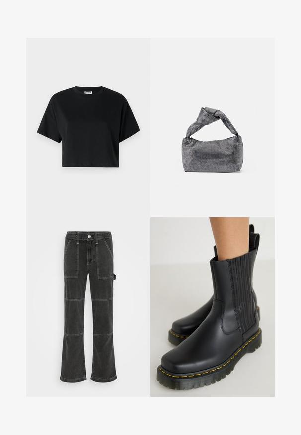 Must beež must kastanjar t-särk lühikeste varrukatega, ümar kaelus, valmistatud siledast puuvillaste riidest, millel on minimalistlik disain ja peened õmbluse detailid.; BDG Urban Outfitters UTILITY SKATE - Avar lõikega teksad - washed black; Mustad must saad motifselt, mati viimistlusega. Omab vertikaalset õmblust, paksu tallaga, millel on kollased õmblused, ja tagumises osas tõmbeaas.; Must musta ja hõbedane käekott, millel on tekstureeritud pind, millel on teemanti muster, sõlmega käepide ja struktureeritud kuju.
