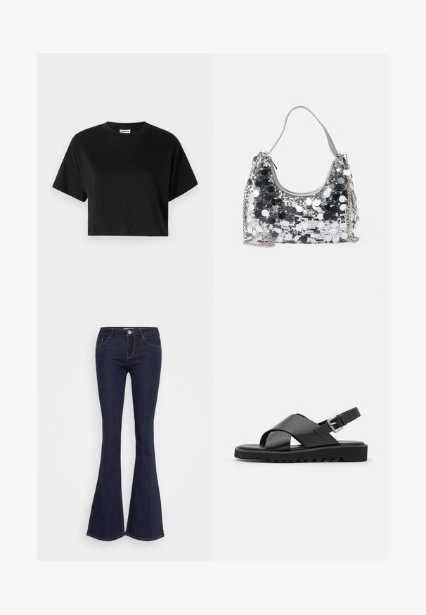 T-shirt noire courte avec manches courtes, col rond, fabriquée en coton lisse, avec un design minimaliste et des détails de couture subtils.; Jean flare en denim foncé avec une taille ajustée, dotée d'une fermeture à bouton sur le devant, d'un design à cinq poches et de coutures le long des jambes.; Sandales en cuir noir avec un design à lanières croisées, boucle réglable et semelle texturée avec des crans pour une meilleure adhérence.; Sac à main en sequins argentés de forme ronde, avec une poignée douce et une bandoulière en chaîne argentée. Il dispose d'une fermeture à glissière et de détails réfléchissants.