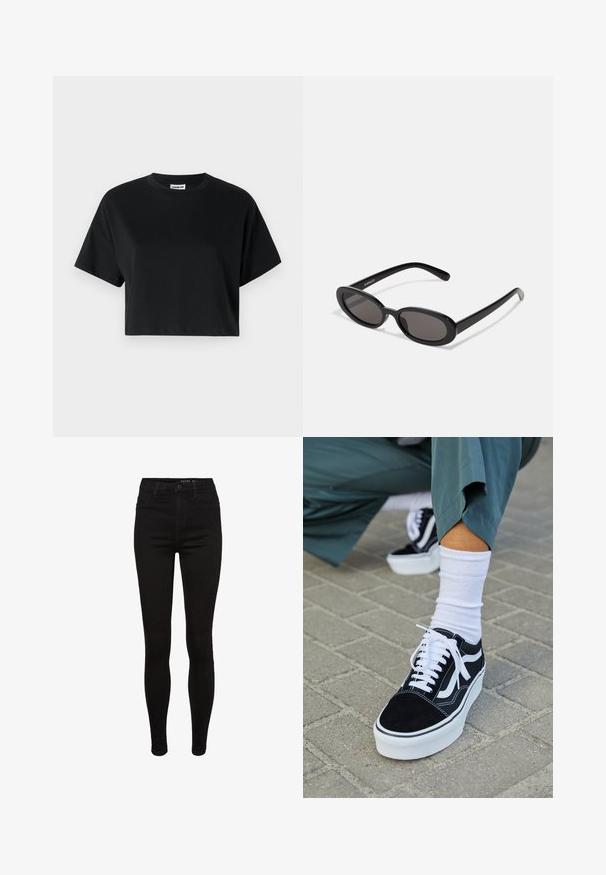 Sort cropped t-shirt med korte ærmer, rund halsudskæring, lavet af glat bomuldsstof, med minimalistisk design og subtile syninger.; Sorte skinny jeans i denim med høj talje, fem lommer, bæltestropper og subtile syninger. Glat tekstur, tætsiddende pasform.; Sorte ruskinds sneakers med hvide accenter og snørebånd, der har en tyk hvid sål og kontrasterende syninger, parret med en hvid sok.; Even&Odd Solbriller - black
