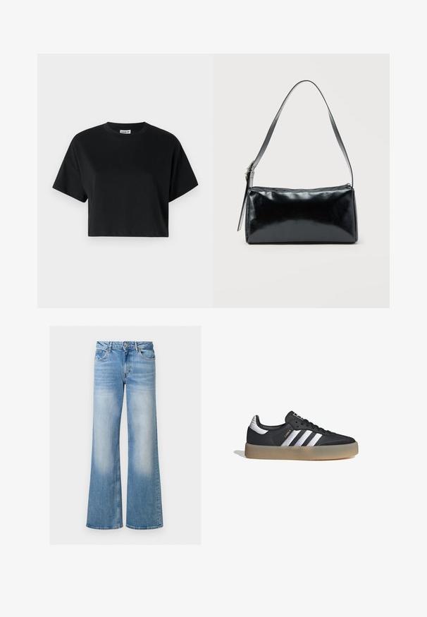Camiseta corta negra con mangas cortas, cuello redondo, fabricada en suave tela de algodón, con un diseño minimalista y detalles de costura sutiles.; Jeans de mezclilla azul claro acampanados con una textura desteñida, cintura alta y diseño de cinco bolsillos, con cierre de botón y cremallera.; Zapatilla deportiva de cuero negro con tres rayas plateadas, punta texturizada y suela de goma. Cuenta con un collar acolchado y un diseño con cordones.; Bolso de hombro rectangular negro con una correa ajustable y un cierre de cremallera superior sobre un fondo liso.