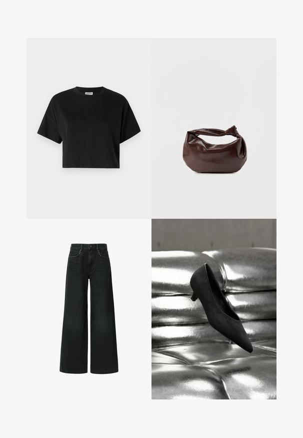 Schwarzes cropped T-Shirt mit kurzen Ärmeln, Rundhalsausschnitt, aus glattem Baumwollstoff, mit minimalistischem Design und dezenten Steppdetails.; Weite schwarze Jeans aus Denim, mit einem klassischen Fünf-Taschen-Design und dekorativen Nieten in der Nähe der vorderen Taschen.; Schwarzer spitzer Kitten-Heel-Schuh schwebt über einem glänzenden metallisch gesteppte Ledercouch.; Dunkelbraune Lederschultertasche mit weicher, lockerer Form und einem gedrehten Knotengriff vor schlichtem weißem Hintergrund.