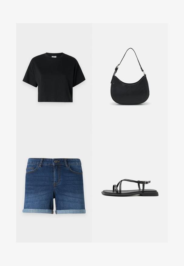 Must beež must kastanjar t-särk lühikeste varrukatega, ümar kaelus, valmistatud siledast puuvillaste riidest, millel on minimalistlik disain ja peened õmbluse detailid.; Tumedate värvi denim lühikesed püksid veeratud äärega, nööbiklõpsuga, vööloopidega ja ees olevate taskutega. Sile tekstuur klassikalise lõikega.; Mustad musta värvi sandaalid õhukeste reguleeritavate rihmadega, ristküliku kujuline varba post ja tekstureeritud mati viimistlusega. Omavad madalat, veidi nurgelist kontsa.; Must have musta kotka, valmistatud siledast nahast, kaarekujulise siluetiga, millel on üks reguleeritav sang ja minimaliseeritud disainielemendid.