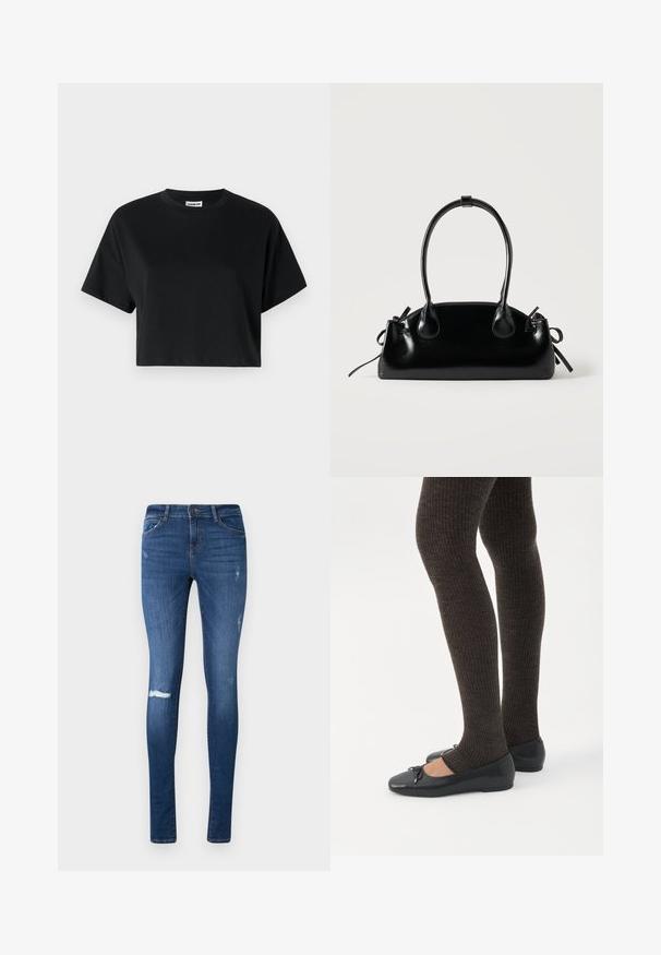 Camiseta corta negra con mangas cortas, cuello redondo, fabricada en suave tela de algodón, con un diseño minimalista y detalles de costura sutiles.; Jeans ajustados, de color azul oscuro con un lavado descolorido, rodilla desgastada y diseño de cinco bolsillos. Fabricados con denim con un ligero estiramiento.; Piernas con leggings oscuros acanalados combinados con bailarinas negras que presentan pequeños detalles de lazo sobre un fondo blanco.; Pequeño bolso negro brillante con dos asas largas y detalles de cordón lateral sobre un fondo claro liso.