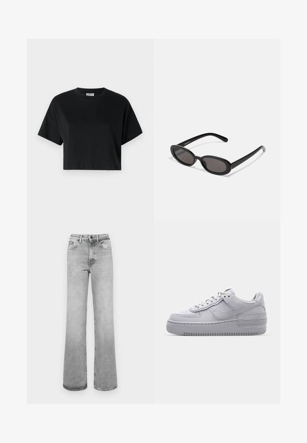 Zwarte cropped t-shirt met korte mouwen, ronde halslijn, gemaakt van gladde katoenen stof, met een minimalistisch ontwerp en subtiele stikdetails.; Lichtgrijze vervaagde rechte spijkerbroek met voorzakken, riemlussen en een knoop- en ritssluiting.; Grijze Nike Air Force 1 sneaker met geperforeerde neus, glad leren bovenwerk, dikke zool en verhoogde 'AIR' details op de hiel.; Even&Odd by Zalando Zonnebril - black