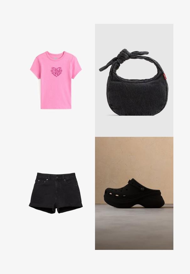Lyserød bomulds-T-shirt med korte ærmer og rund hals. Har et hjerte-design med ordet "VANS" indeni, omridset i mørk lyserød.; Sorte denimshorts med opkrøbede kanter, forlommer, bæltestropper og knaplukning på hvid baggrund.; Sort gummitræsko med åbne huller for ventilation, rundet tå og robust sål. Let forhøjet hæl, vist over et struktureret tæppe.; Lille sort denim skuldertaske med knyttet rem og lynlåslukning, med en rød Levi's stofetiket på siden.