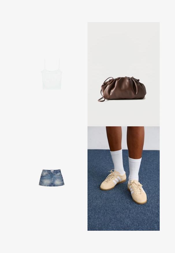 Stradivarius Top - white; Denim mini nederdel i lyseblå vask, med en tætsiddende talje, forlommer og en svungen kant med let falming og færdige kanter.; Person i beige Adidas sneakers med hvide striber og hvide ankelstrømper, stående på et blåt tæppe.; Blød brun læderpung med samlet top og tynd strop, hvilende på hvid baggrund.