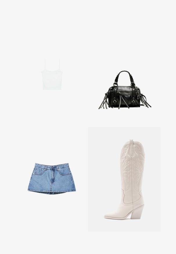 Stradivarius Débardeur - white; Mini-jupe en jean bleu avec boutons à l'avant, fermeture éclair, passants pour ceinture et deux poches avant sur fond blanc.; Bottine de cowboy en cuir blanc avec un bout pointu et un talon bloc. Présente des motifs de broderie complexes sur la tige et une texture lisse.; Sac à main en cuir noir avec poignées tressées, surface texturée, poche frontale zippée et accents de franges décoratives. Forme compacte et structurée.