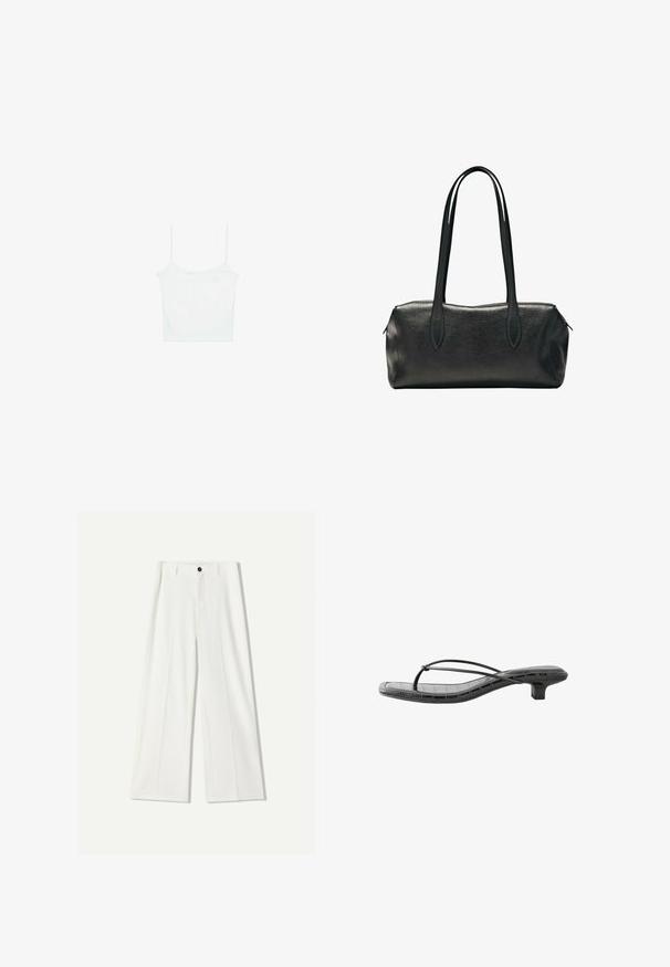 Stradivarius Débardeur - white; Pantalon large blanc en tissu lisse, avec une fermeture à bouton à l'avant et des détails plissés. Conception à l'avant plat, sans poches visibles.; Sandale noire à petit talon avec fines brides croisées et bout carré, avec un motif crocodile faux texturé sur la semelle.; Sac à main rectangulaire en cuir noir avec deux longues bandoulières et une fermeture zippée sur le dessus.