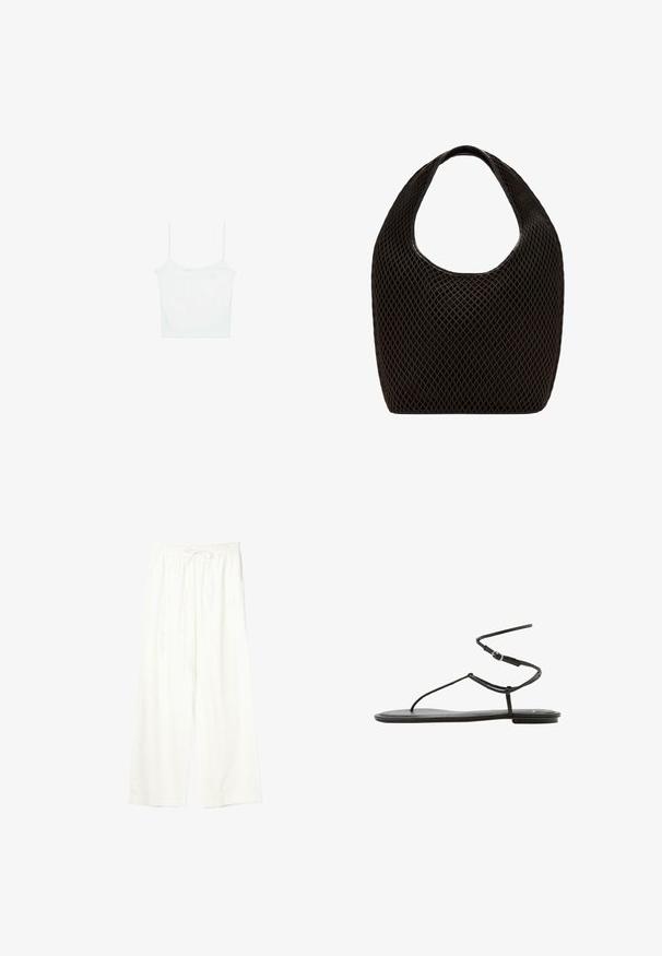 Stradivarius Débardeur - white; Pantalon blanc à jambes larges avec taille élastique et cordon de serrage, en tissu léger.; Sandale plate noire avec fines brides et fermeture à boucle autour de la cheville, design minimaliste, vue de côté sur fond blanc.; Sac cabas noir en maille à tissage ouvert avec poignée supérieure arrondie et corps large et incurvé.