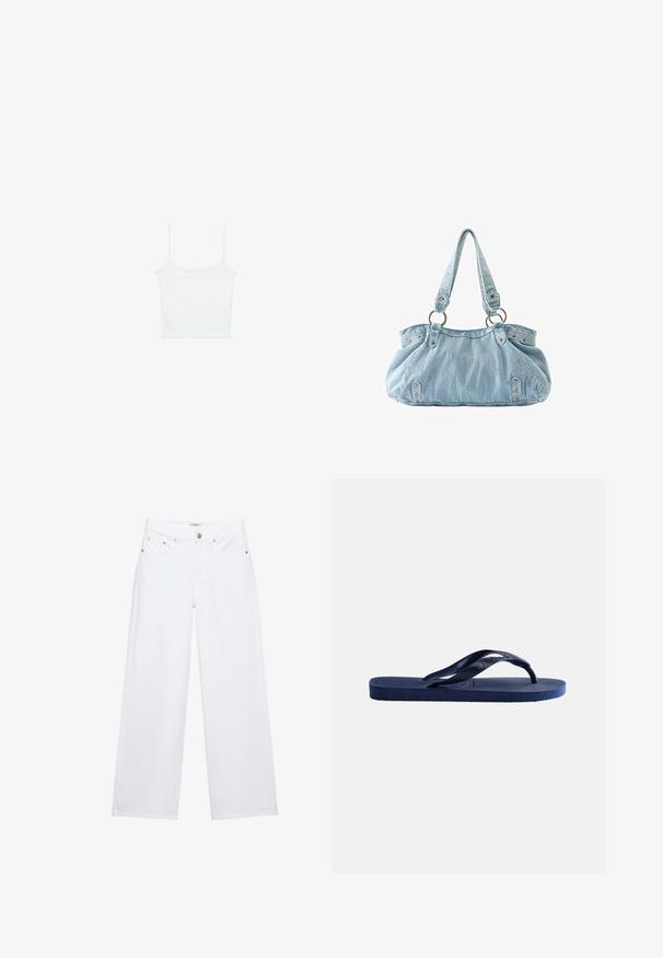 Stradivarius Top - white; Hvide jeans med høj talje og vide ben med knap- og lynlåslukning, for- og baglommer samt sølvfarvede nitter som detaljer.; Mørkeblå gummiflipflop med tekstureret sål og en Y-formet strop på en ensfarvet lys baggrund.; Lyseblå denim håndtaske med to skulderremme, der er fastgjort til metalliske ringe og dekorative nitter foran og på siderne.