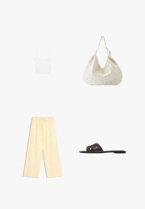 Stradivarius Débardeur - white; Pantalon ample jaune pâle à jambes larges avec taille élastique et cordon de serrage, sans motifs ni poches visibles.; Sandale plate marron foncé avec trois larges brides en cuir croisées et une semelle fine.; Sac à épaule en tissu couleur crème avec broderie florale à œillets et une seule bandoulière souple.