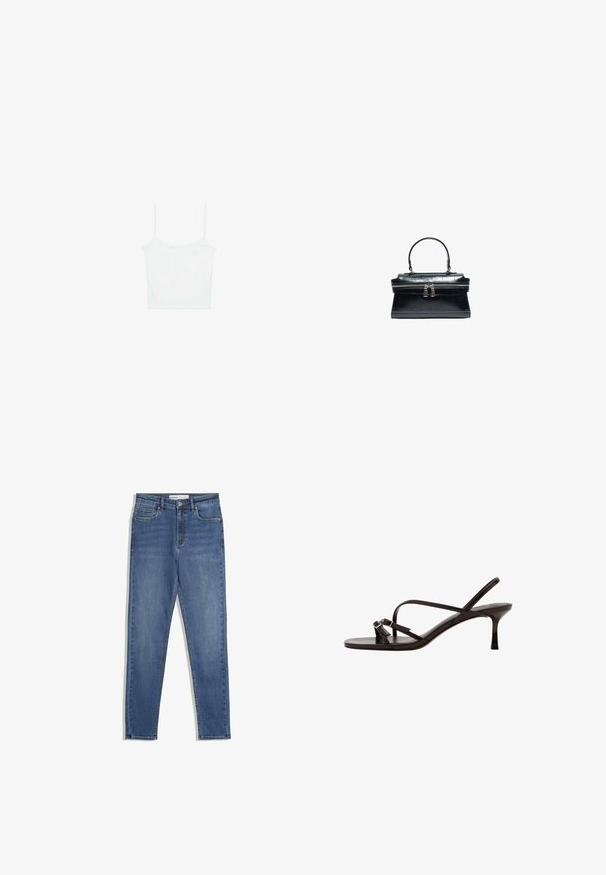 Stradivarius Top - white; Blå denim jeans med høj talje, slim fit, forlommer, lynlås og kontrasterende syninger. Struktureret design med en glat overflade.; Sort læder højt hælet sandal med tynde stropper, åben tå og slingback hæl, vist på en hvid baggrund.; Sort læderhåndtaske med topgreb, krokodillestruktur og dobbeltrynet lukning i midten.