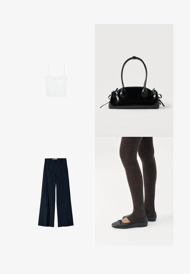 Stradivarius Top - white; Marineblå bredbensbukser lavet af et glat stof, med to frontfoldninger og en enkelt knaplukning i taljen.; Ben iført mørke ribbede leggings kombineret med sorte balletsko med små sløjfedetaljer på hvid baggrund.; Lille sort blank håndtaske med to lange håndtag og snøre-detaljer i siden på en ensfarvet lys baggrund.