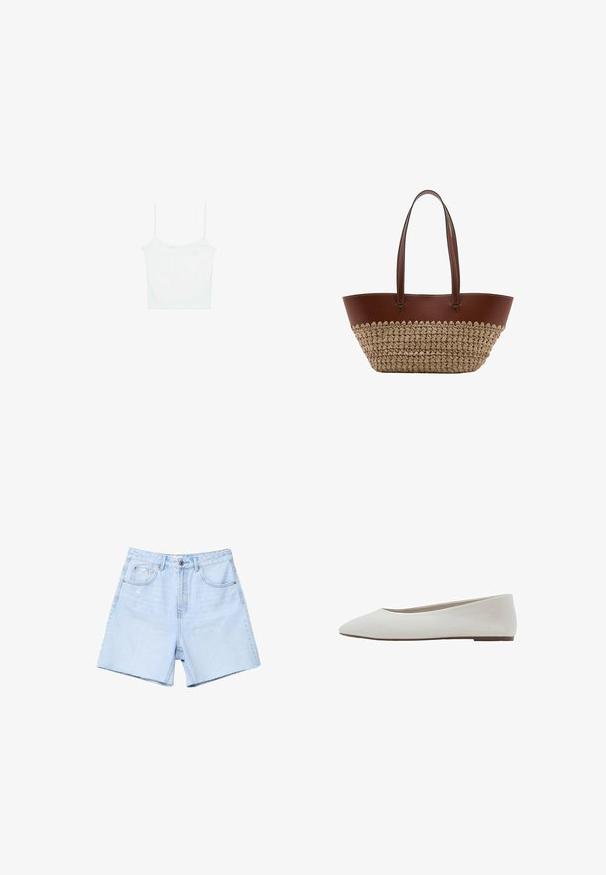 Stradivarius Top - white; Svetlomodré denimové šortky s vysokým pásom, plochým predným dielom, piatimi vreckami a surovým okrajom. Materiál je mierne opotrebený s jemným blednutím.; Biele ploché topánky so špičatou špičkou, hladkým textilným zvrškom, nízkym podpätkom a minimalistickým štýlom bez viditeľných vzorov alebo ozdôb.; Hnedá kožená a tkaná slamenná taška s dvoma dlhými rukoväťami a bielym prešitím na koženom leme.