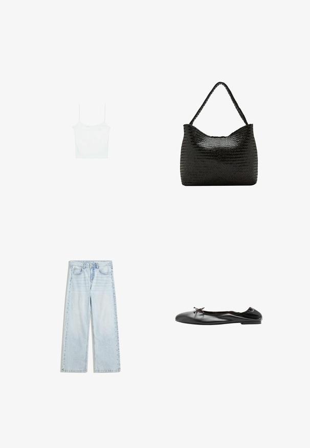 Stradivarius Top - white; Hellblaue weit geschnittene Jeans aus Denim mit einem Knopfverschluss und dekorativen Nieten entlang der Seitennähte.; Schwarzer Leder-Ballerinaschuh mit einer kleinen Schleife vorne und einer leicht gerafften Hinternaht, seitlich auf weißem Hintergrund gezeigt.; Schwarze Schultertasche aus gewebtem Leder mit einem einzelnen geflochtenen Griff und einer weichen, abgerundeten rechteckigen Form.