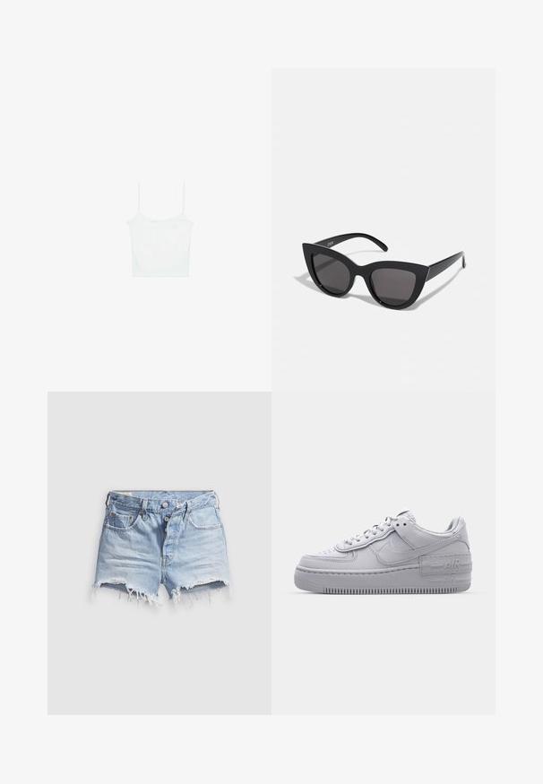 Stradivarius Top - white; Svetlomodré rifľové krátke nohavice s rozstrapkanými lemami, piatimi vreckami a zapínaním na gombíky. Textúra je mäkká s jemne opotrebovaným vzhľadom.; Šedé tenisky Nike Air Force 1 s perforovanou špičkou, hladkým koženým zvrškom, hrubou podrážkou a embosovaným detailom 'AIR' na päte.; Čierne slnečné okuliare v štýle mačacích očí s matným povrchom, so šedými tónovanými sklami, ostrými hranami a elegantnými bokovými ramenami. Názov značky je viditeľný na vnútornom ramene.
