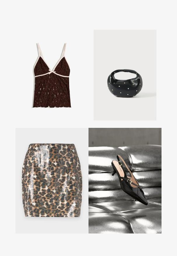 Brun blonder camisole med lyst beige kant, tynde justerbare stropper, V-halsudskæring og lille sløjfedetalje i midten foran.; Mini skirt med leopardprint der har en paillet-vævet tekstur, fitted design, brune og sorte farver samt en lige kant.; Sort laklæder slingback kitten hæl med guldlås, der hviler på skinnende sølv tuftet læderpolstring.; Sort læderhåndtaske med en rundet form, dekoreret med sølvnitter, og et kort håndtag. Glat tekstur og lynlåslukning.