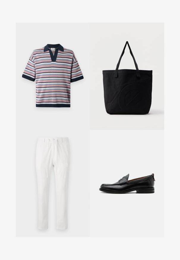 Polo en tricot avec un col en V, des manches courtes et des rayures alternées en rose, marine, bleu clair et blanc avec un motif texturé.; Pantalons en coton blancs avec une taille élastique, un cordon de serrage et une fermeture à bouton. Design à jambe droite, texture lisse, sans motifs ni accents.; Mocassin homme en cuir noir avec couture moc toe, bride penny, col texturé et petit talon empilé sur fond blanc.; Sac fourre-tout en toile noire avec deux bandoulières et un motif circulaire discret en relief sur le devant.