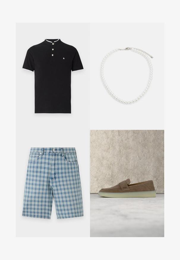 Polo en coton noir avec un col montant, patte de boutonnage à trois boutons, bord blanc sur les manches et un petit logo sur la poitrine gauche.; Shorts à carreaux bleu clair en tissu mélangé de coton, avec un design à cinq poches, une fermeture à bouton et une coupe décontractée. La texture est lisse et douce.; Mocassin beige en daim sans lacets avec semelle en caoutchouc blanche et logo BOSS sur la sangle latérale, présenté sur un fond neutre uni.; Collier en perles blanches avec une forme ronde uniforme, surface lisse et fermoir en métal avec une chaîne d'extension pour une longueur ajustable.