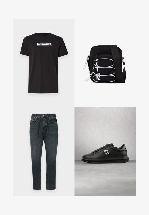 Čierne bavlnené tričko s krátkymi rukávmi, ktoré obsahuje biely textový grafický nápis "KARL LAGERFELD JEANS" a logo, s okrúhlym výstrihom.; Tmavo šedé džínsy s rovnými nohavicami, piatimi vreckami, zapínaním na gombík a jemným vyblednutím. Vyrobené z bavlny s hladkou textúrou.; Osoba nosiaca čierne kožené nohavice a čierne tenisky s malým doplnkom s postavičkou z rozprávky na boku, stojaca na drevenej podlahe.; Čierna kabelka cez rameno s bielymi elastickými slučkami, zipsami a bielym nápisom „KARL LAGERFELD JEANS“ na prednom vrecku.